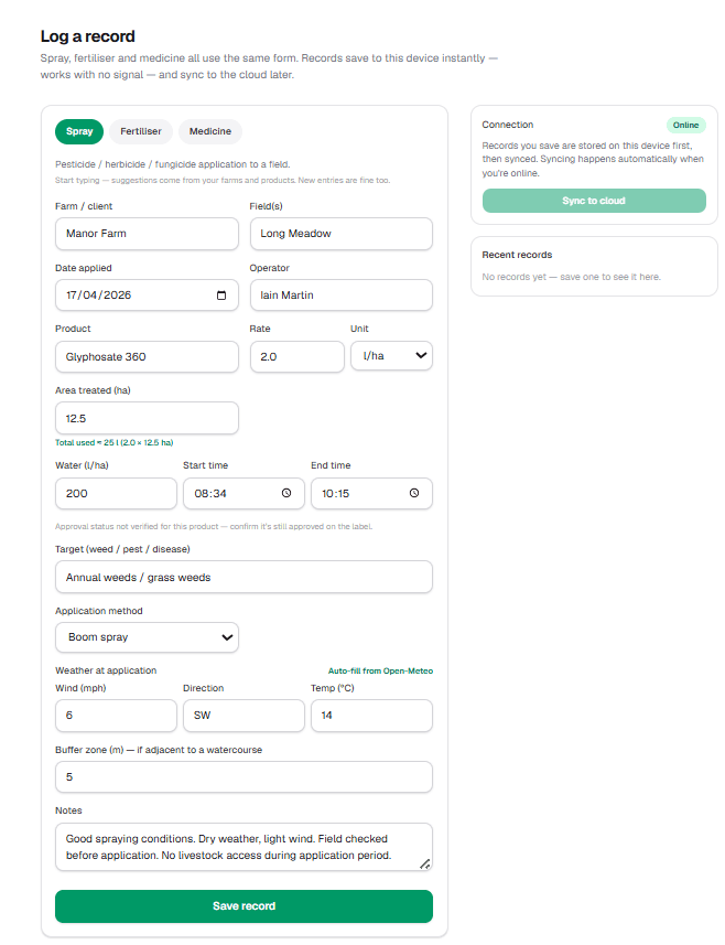 Logging a spray record in FarmRecord β product, rate, field, area, weather and total used